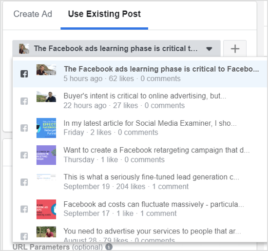 Click the down arrow and choose your post from the drop-down menu of your Facebook page posts.