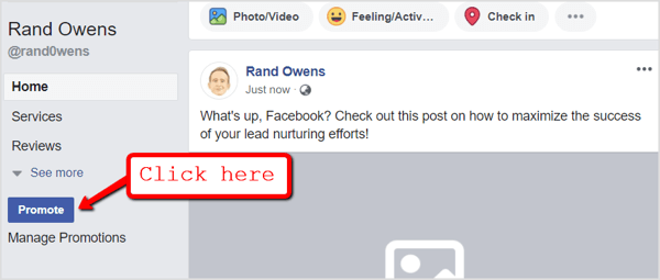 Head to your Facebook page and click the Promote button below the navigation tabs.
