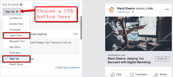 Select a call to action button for your Facebook ad campaign.