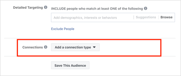 Connections section in Audiences section of Facebook ad campaign.