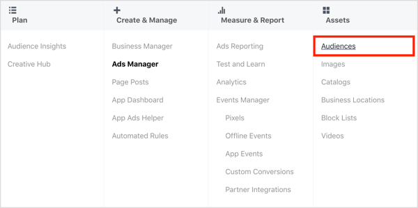 Open the Audiences dashboard in Facebook Ads Manager.