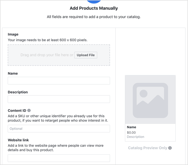 Enter details to add a product to your Facebook catalog.