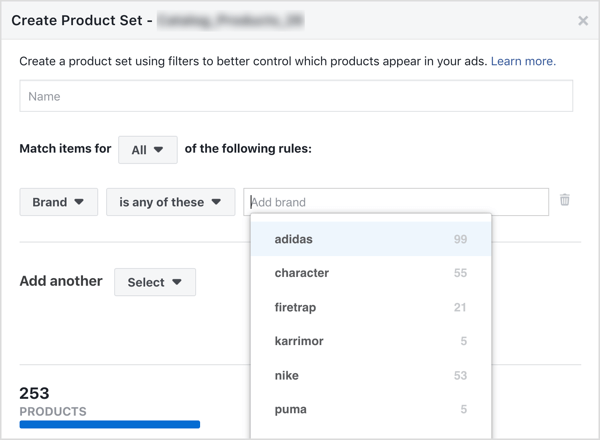 Create a product set from your Facebook catalog.