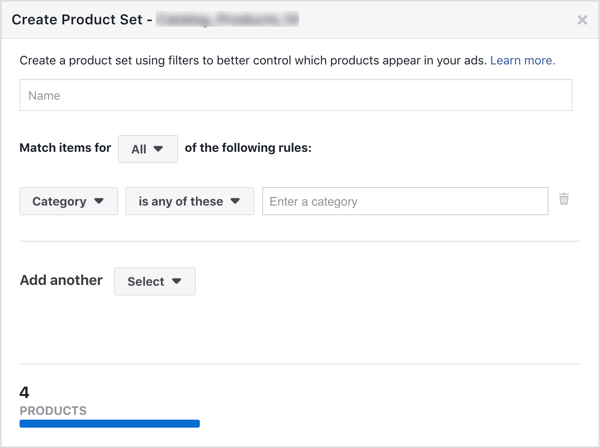 Create a product set that contains specific products for your Facebook dynamic ads campaign.