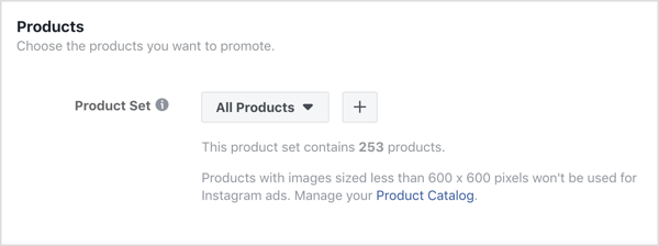 Klicken Sie auf der Anzeigenebene Ihrer Facebook-Kampagne im Bereich Produkte auf das Pluszeichen +.