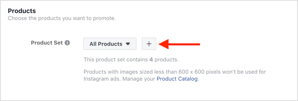 Choose the products to promote in your Facebook dynamic ads campaign.