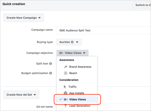 Select Video Views from the Campaign Objective drop-down list.