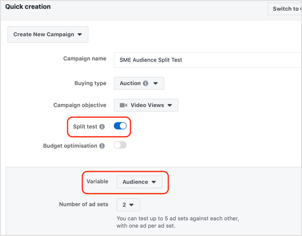 Toggle the Split Test switch on and select the Audience variable.