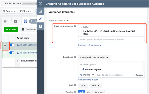 To add a lookalike audience, click in the Custom Audiences field and search for the lookalike you want to use.