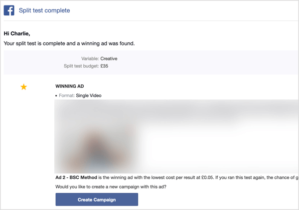 You receive an email after your Facebook split test is complete.