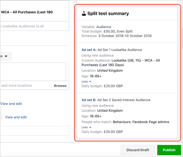 Split test summary for your Facebook test.