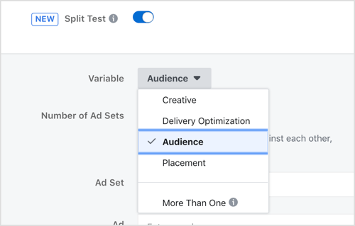 Select a variable to test with the Facebook split testing feature.