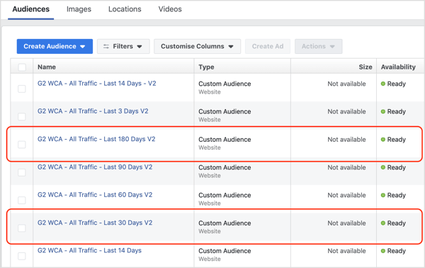 Select your website custom audiences built from the Facebook pixel. 