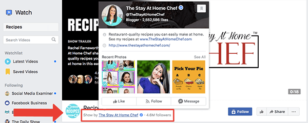 This is a screenshot of the Recipes show page on Facebook Watch. The Show By The Stay At Home Chef credit is highlighted with a bright red arrow and a red box. A popup with details about The Stay At Home Chef Facebook page covers the Recipes Facebook Watch show cover photo. Rachel Farnsworth runs both the Facebook page and the Facebook Watch show.