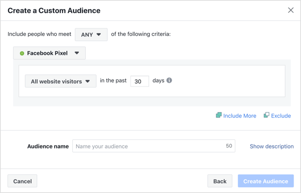 Default settings for creating a Facebook website custom audience.