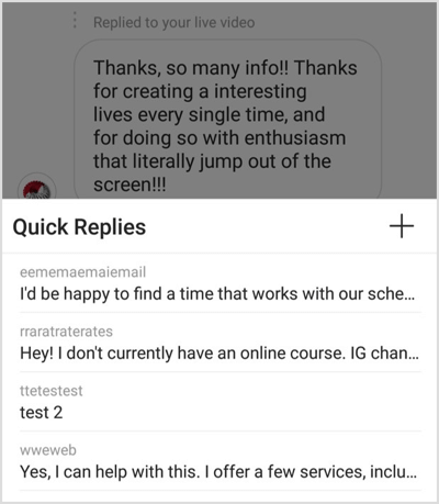 Tap the + button to create a new Instagram quick reply.