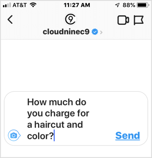 Example of commonly asked question to business on Instagram.
