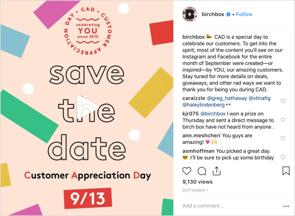 Birchbox's Instagram account treated followers to deals, giveaways, and surprises to mark Customer Appreciation Day.