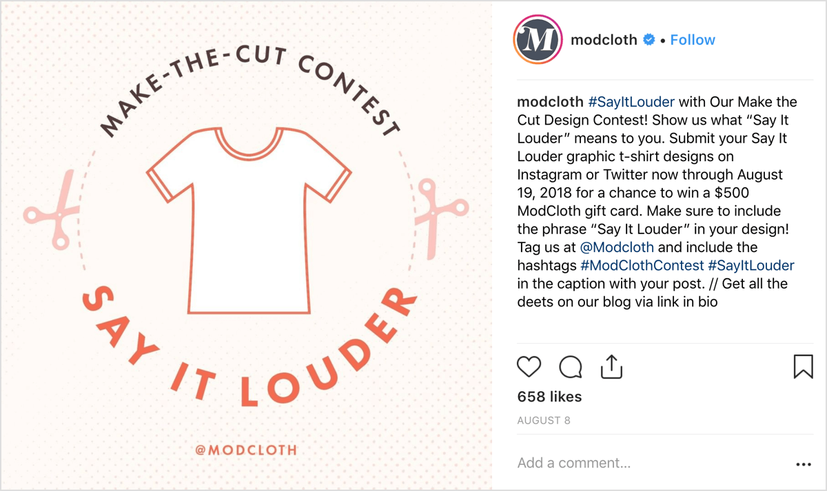 modcloth asked instagram users to share their own designs in original posts and offered a generous - follow like share instagram