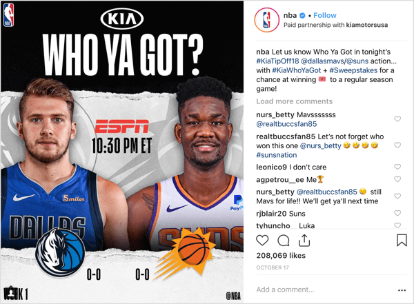 The NBA teamed up with sponsor Kia Motors to give away game tickets at the beginning of the season on Instagram.