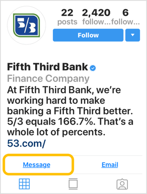 Instagram profile for bank with Message call-to-action button.