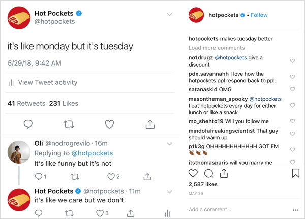 Hot Pockets Instagram post with trademark oddball humor.