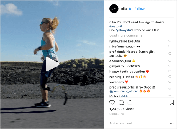 Nike Instagram post that promotes IGTV