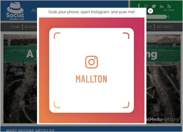 An exit pop-up with an Instagram nametag.