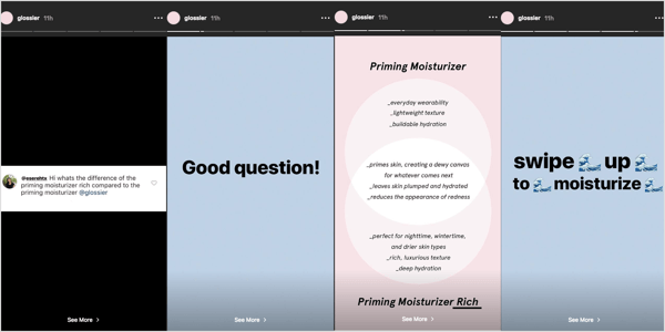 Glossier answers a customer question in their Instagram story and includes a shoppable link to a relevant product.