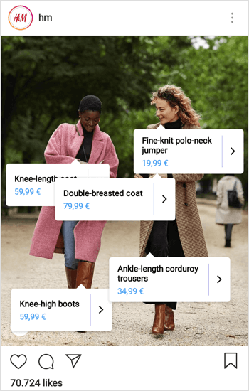 H&M shares Instagram Stories posts with shoppable tags.