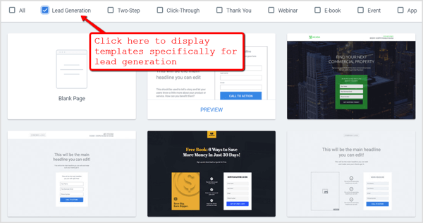 Celect the Lead Generation checkbox on Instapage's template selection page.