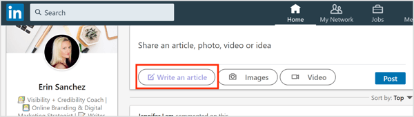 Click the Write an Article button on LinkedIn.