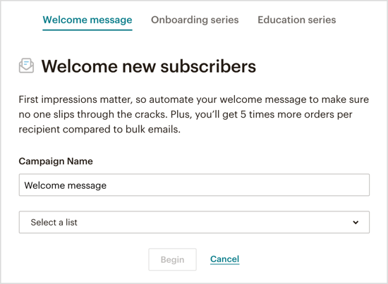 Select which type of automated welcome email you want to send via your Messenger bot. 