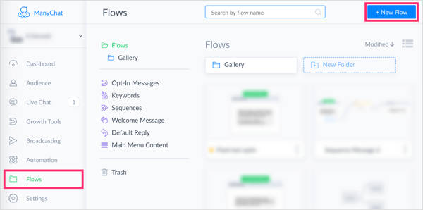 Click the New Flow button on the Flows tab in ManyChat.