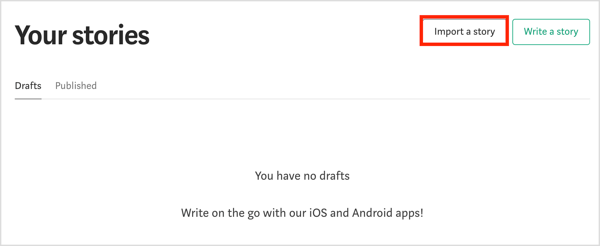Select the Import Story option on Medium.