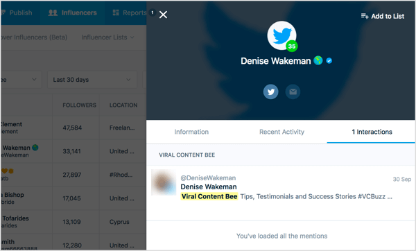 Click an influencer's name in Mention to open a Details tab.