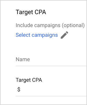 This is a screenshot of Google Ads Target CPA options. These options are Include campaigns (optional), Select campaigns, Name, Target CPA (with a text box for entering a value). Mike Rhodes says Google Ads smart bidding options like Target CPA use artifical intelligence to manage bidding.
