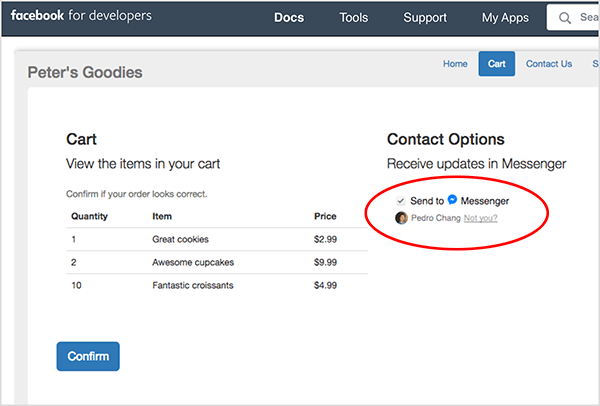 This is a screenshot of a Facebook for Developers help article that explains how to add a Messenger opt-in to a form. The page shows an example of a cart checkout form. On the left is a list of items in the cart. On the right is a Contact Options section with a checkbox labeled “Send to Messenger,” a Facebook profile photo, and linked text that says “Not You?” At the bottom of the cart checkout form is a blue button labeled Confirm. Natasha Takahashi says adding a Messenger opt-in checkbox to any form that collects emails can help you grow your Messenger bot subscriber list.