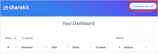 Click the Customize New Link button in ShareKit.