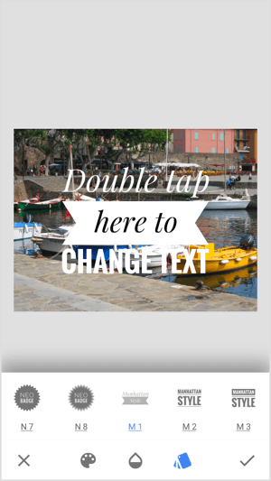 Double-tap on the placeholder text in Snapseed and start typing.