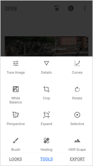 Snapseed tools menu.