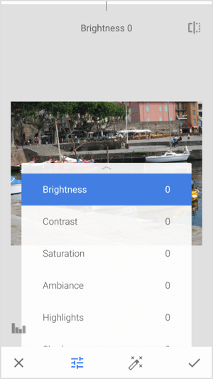 Tap the Tune Image tool to adjust image brightness, contrast, and saturation.