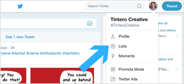 Click your Twitter profile icon and select Lists from the drop-down menu.