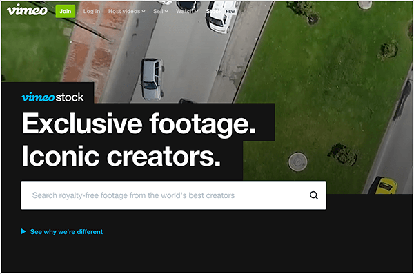 This is a screenshot of the Vimeo Stock website. In the upper left is the name Vimeo, a green button labeled Join, and the following options: Log In, Host Videos, Sell, Watch, Stock (new). An aerial image of a street with cars driving and a green pedestrian island appears in the background. The following text appears on a black background that looks like rectangles stacked in the lower left: “Vimeo Stock Exclusive footage. Iconic creators.” Below this text is a white search box. In small blue text below the search box is a link that says “See why we’re different”.