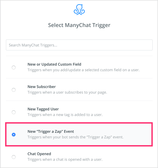 Select New "Trigger a Zap" Event as the trigger in Zapier.