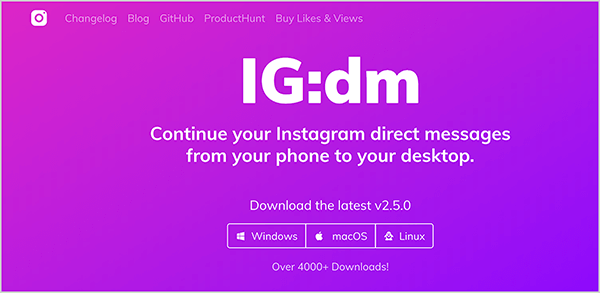 This is a screenshot of the IG:dm website. The background is a hot pink to purple gradient, and the text is white. The navigation options at the top are Changelog, Blog, GitHub, ProductHunt, Buy Likes & Views. The name IG:dm appears in large white text in the center of the page. Below that is the following text: “Continue your Instagram direct messages from your phone to your desktop.” Below this text are options for downloading the software for Windows, macOS, or Linux.