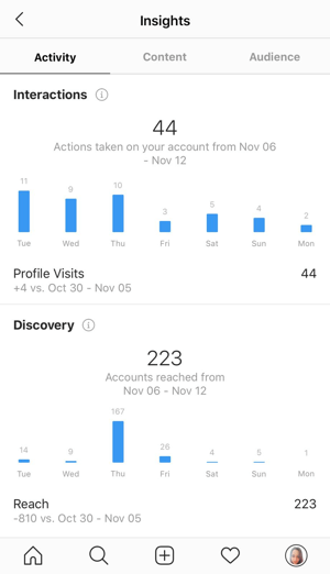 Example of Instagram insights showing the data on the Activity tab.