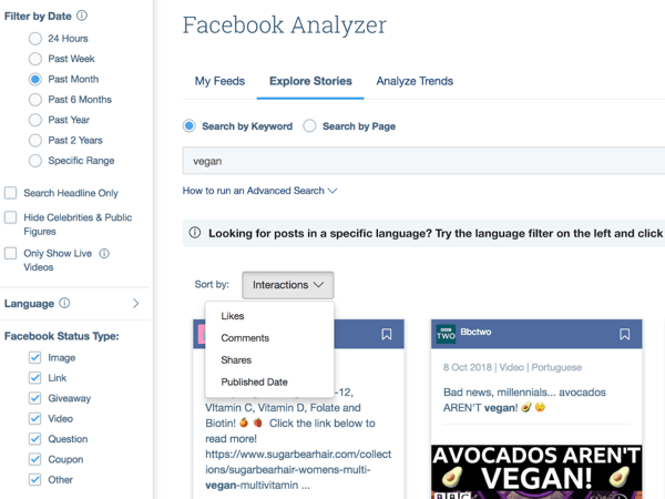 Example of BuzzSumo's Facebook Analyzer tool.