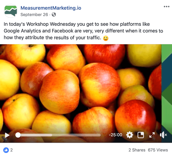 This is a screenshot of a Facebook post from the MeasurementMarking.io page. The post also shows a video that promotes Chris Mercer’s Workshop Wednesdays lead magnet. Users who watch or click the video may have completed an awareness goal.