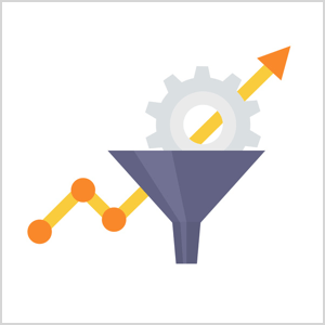 This is an illustration of a dark gray funnel. A light gray gear is dropping into the funnel. Behind the funnel and gear, a yellow arrow that represents a line graph goes up, down, and then up. Orange dots representing data points appear where the yellow line changes direction.